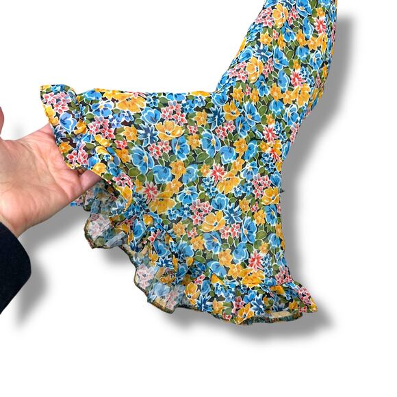 ASOS Design Floral Ditsy Blue Yellow Button Flutter V-Neck Long Sleeve Blouse - Picture 3 of 7